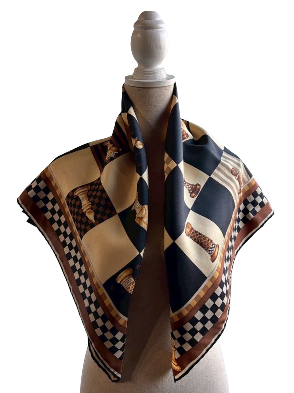 Silk Chess Print Square Scarf in Black and Beige